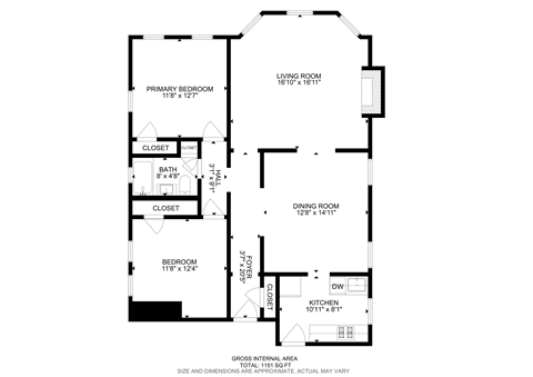 Floor plan for 2 beds, 1 bath, 950 sqft